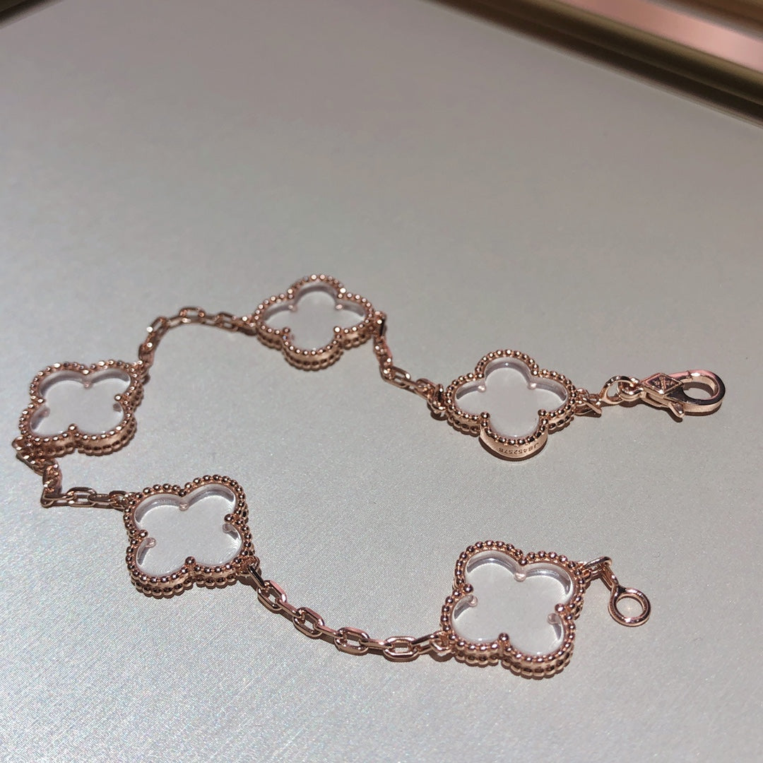 [Solara Jewelry]CLOVER 5 MOTIF ROCK CRYSTAL PINK GOLD BRACELET