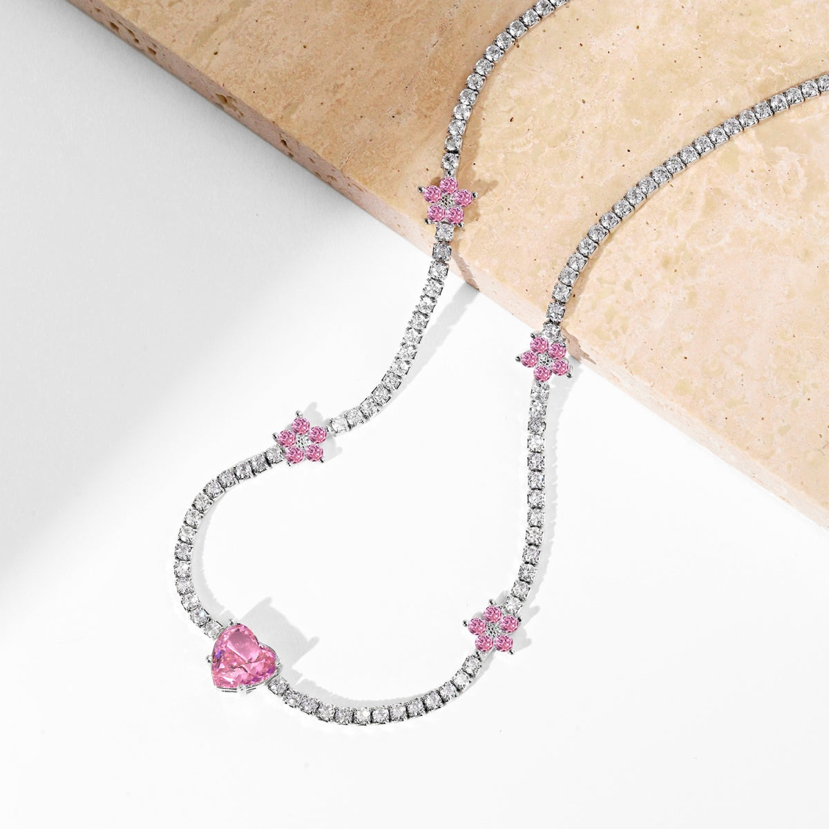 [Solara Jewelry]Dazzling Pink Heart Flower Necklace