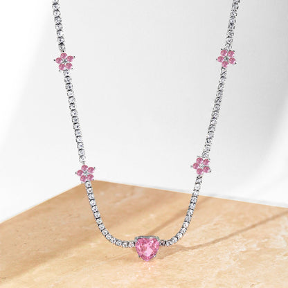 [Solara Jewelry]Dazzling Pink Heart Flower Necklace