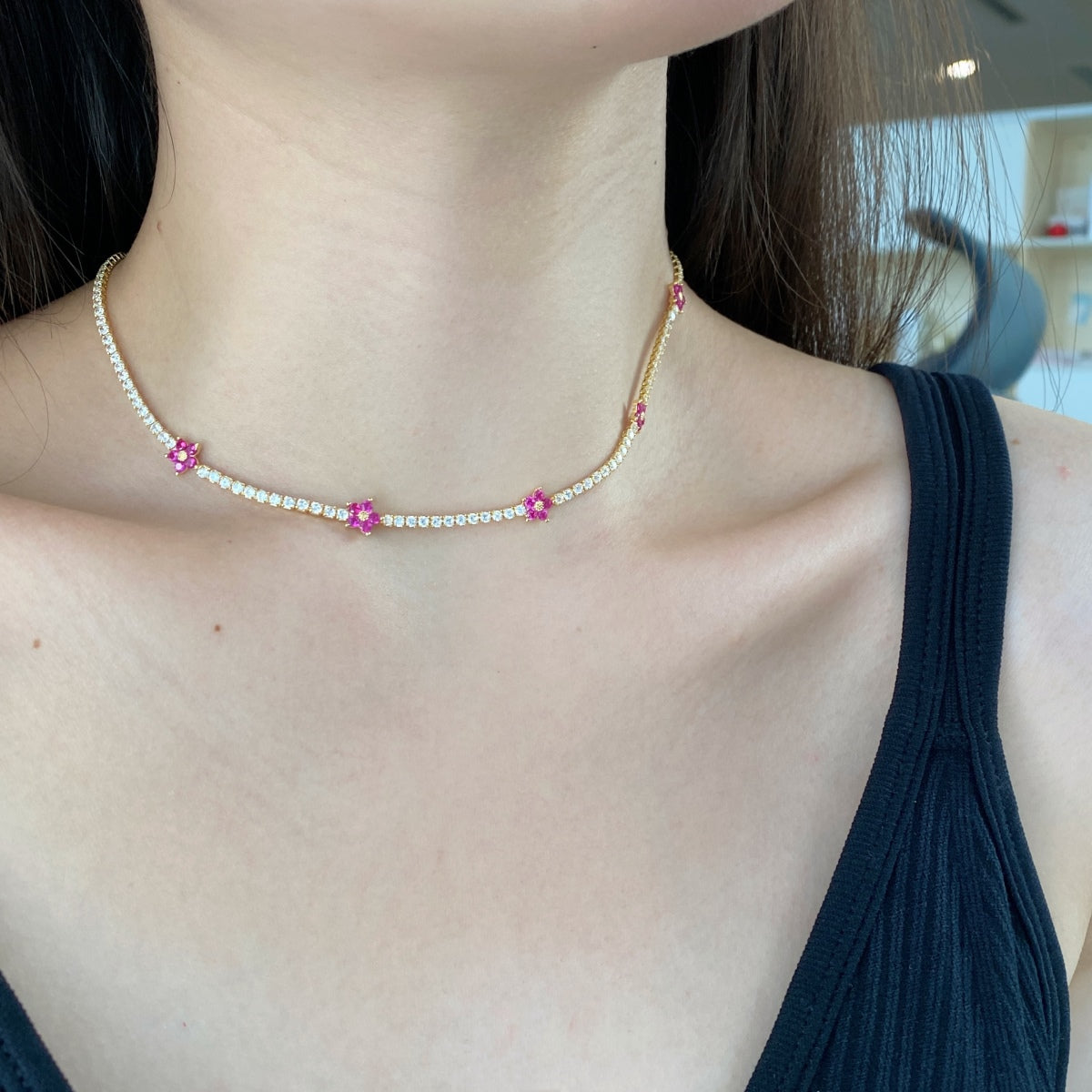 [Solara Jewelry]Luxurious Colorful Flower Tennis Necklace