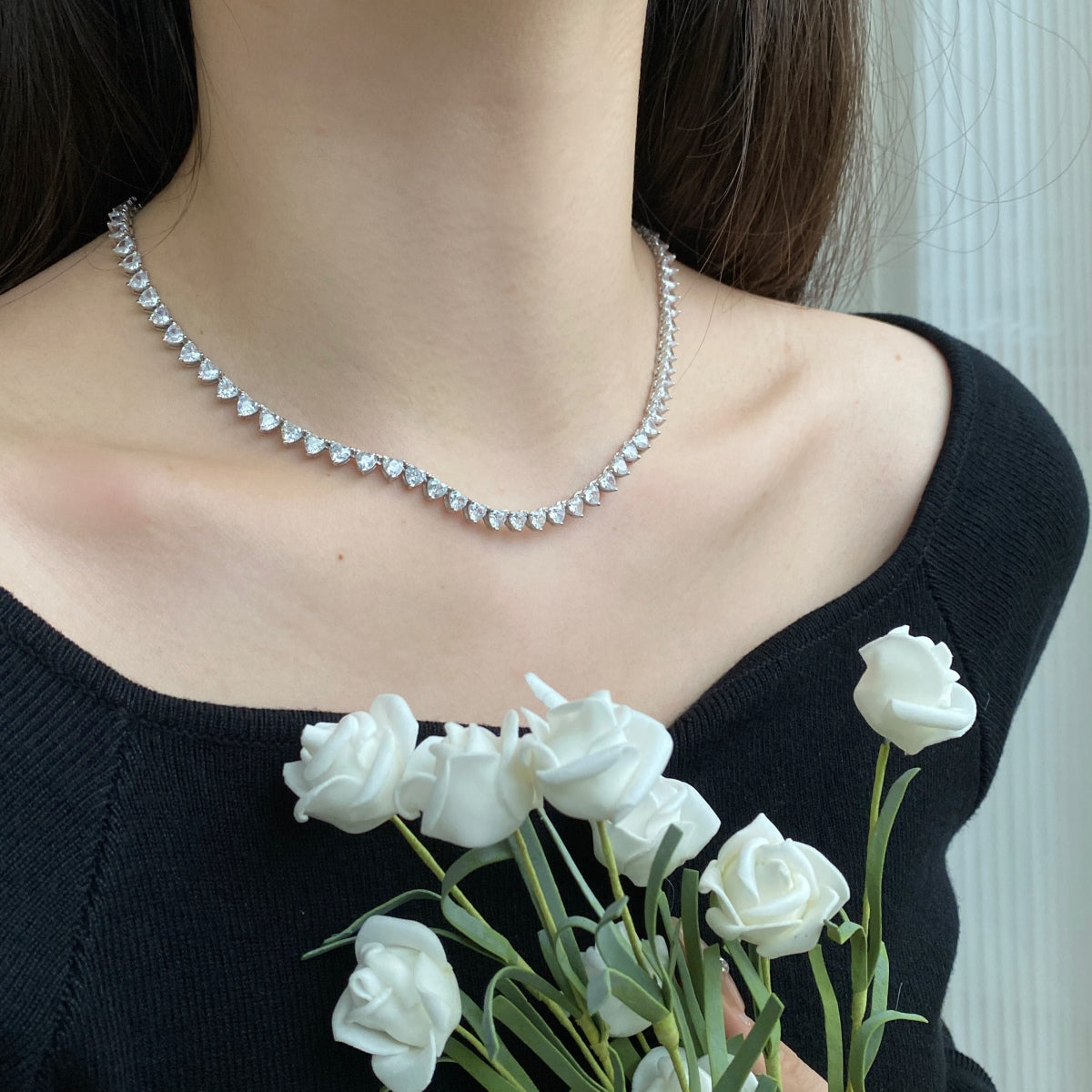 [Solara Jewelry]Ornate Heart Cut Tennis Necklace