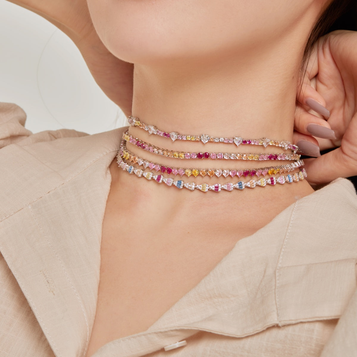 [Solara Jewelry]Sparkling Colorful Full Heart Tennis Necklace