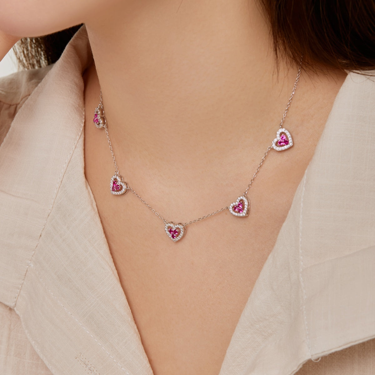 [Solara Jewelry]Sparkling Five Heart Necklace