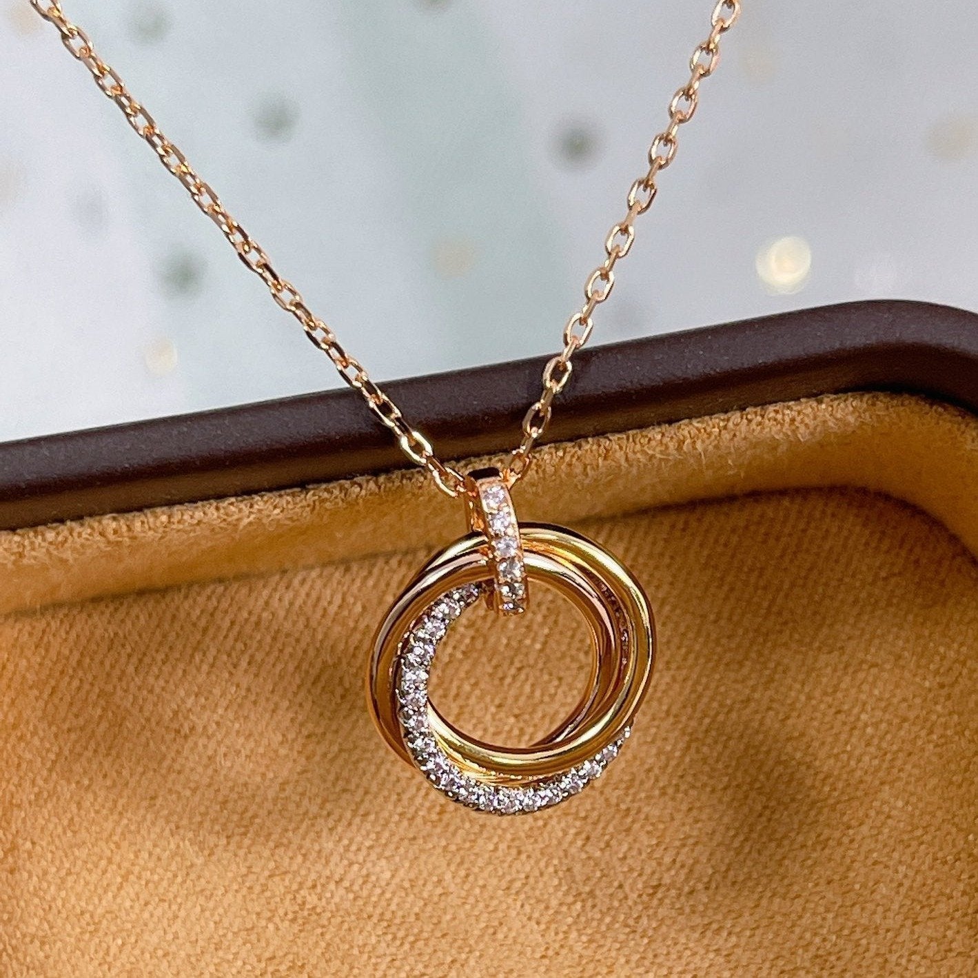 [Solara Jewelry]TRINITY NECKLACE SILVER GOLD PINK GOLD DIAMONDS