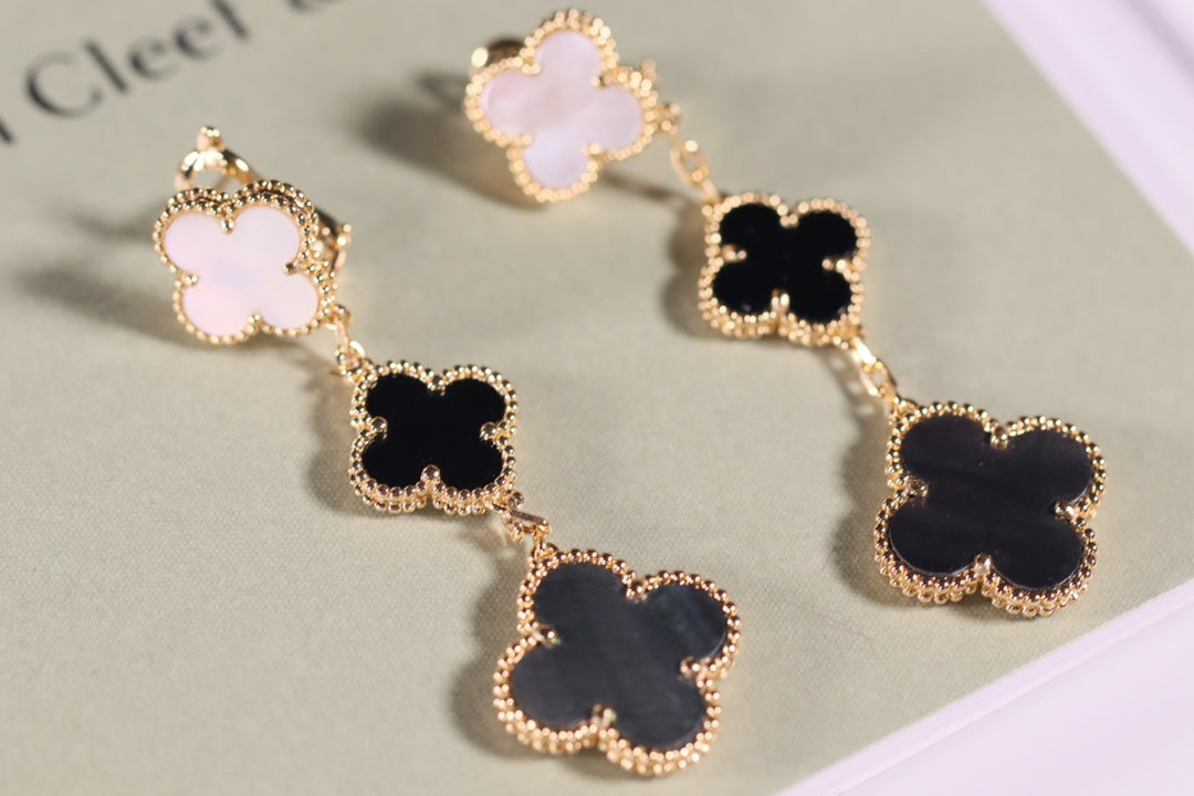 [Solara Jewelry]CLOVER EARRINGS GOLD ONYX MOP 3 MOTIF