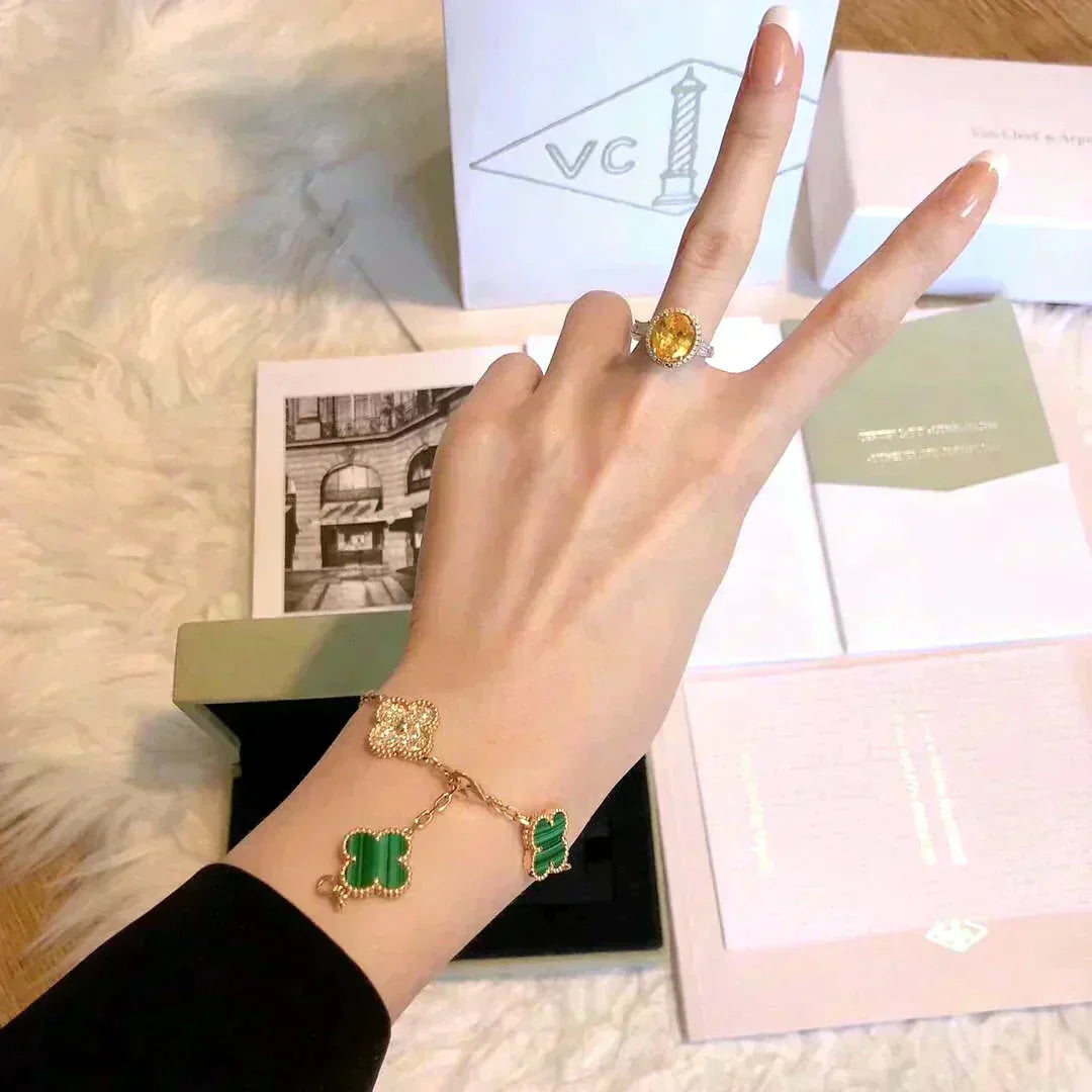 [Solara Jewelry]CLOVER  5 MOTIF MALACHITE DIAMOND BRACELET