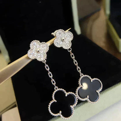 [Solara Jewelry]CLOVER 2 MOTIFS  DIAMOND ONYX EARRINGS SILVER