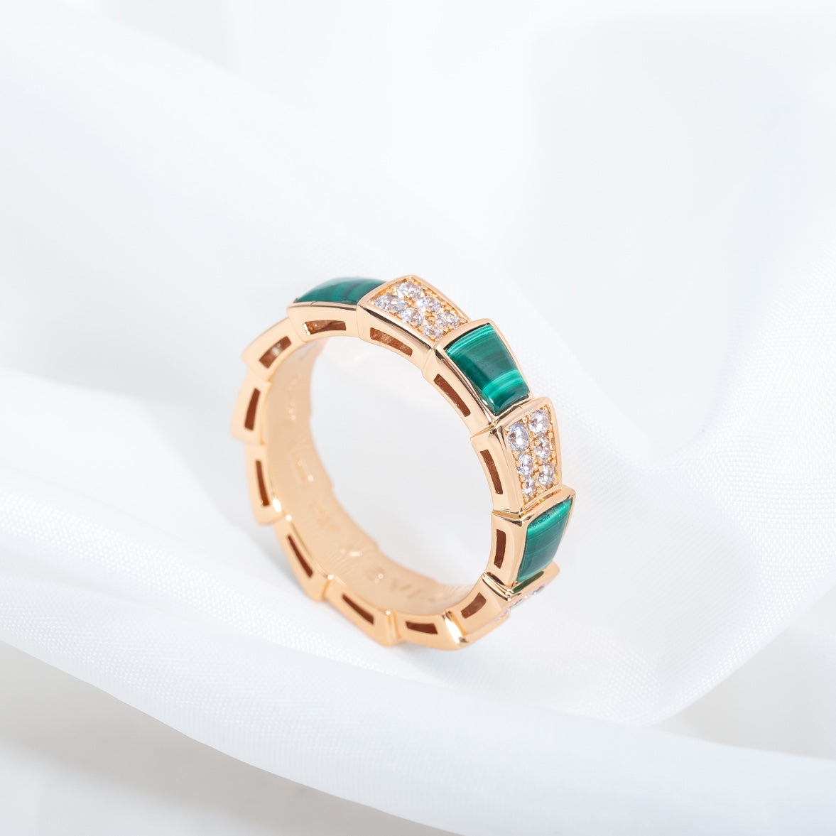 [Solara Jewelry]SERPENTI RING PINK GOLD MALACHITE DIAMOND PAVED 4MM