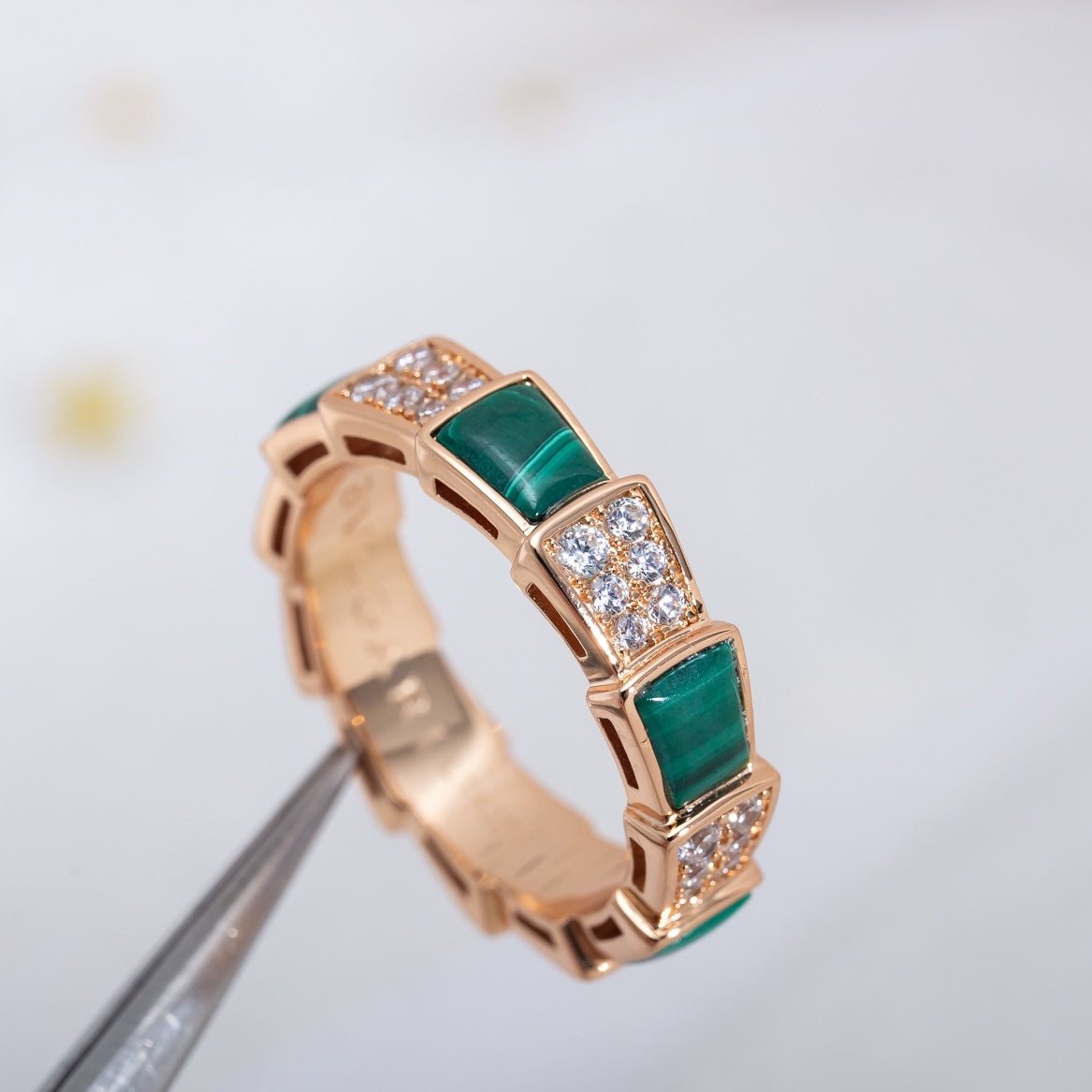 [Solara Jewelry]SERPENTI RING PINK GOLD MALACHITE DIAMOND PAVED 4MM