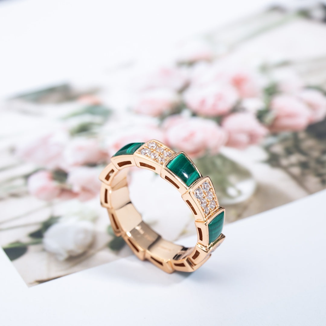 [Solara Jewelry]SERPENTI RING PINK GOLD MALACHITE DIAMOND PAVED 4MM