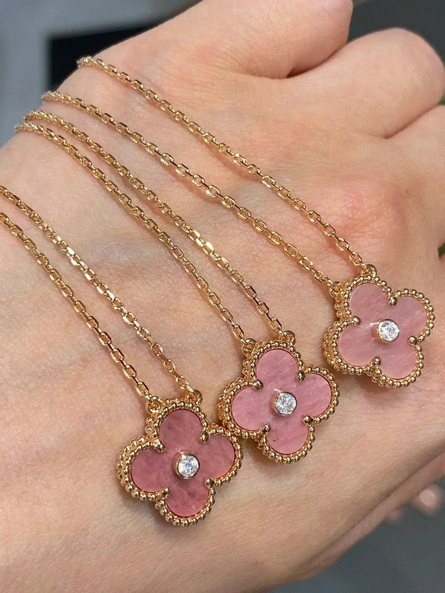 [Solara Jewelry]CLOVER 15MM DIAMOND RHODONITE NECKLACE