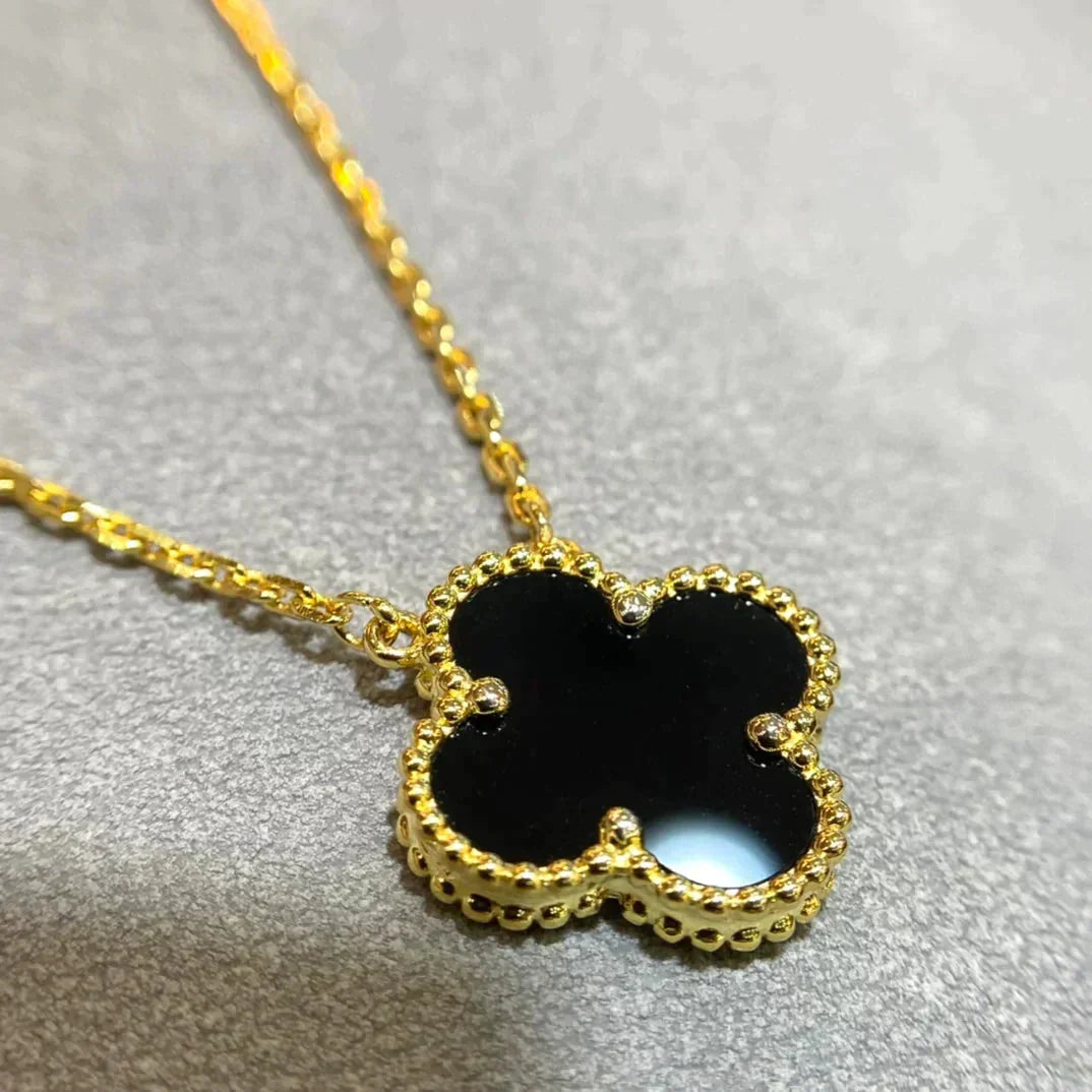 [Solara Jewelry]CLOVER 15MM BLACK ONYX SINGLE FLOWER NECKLACE