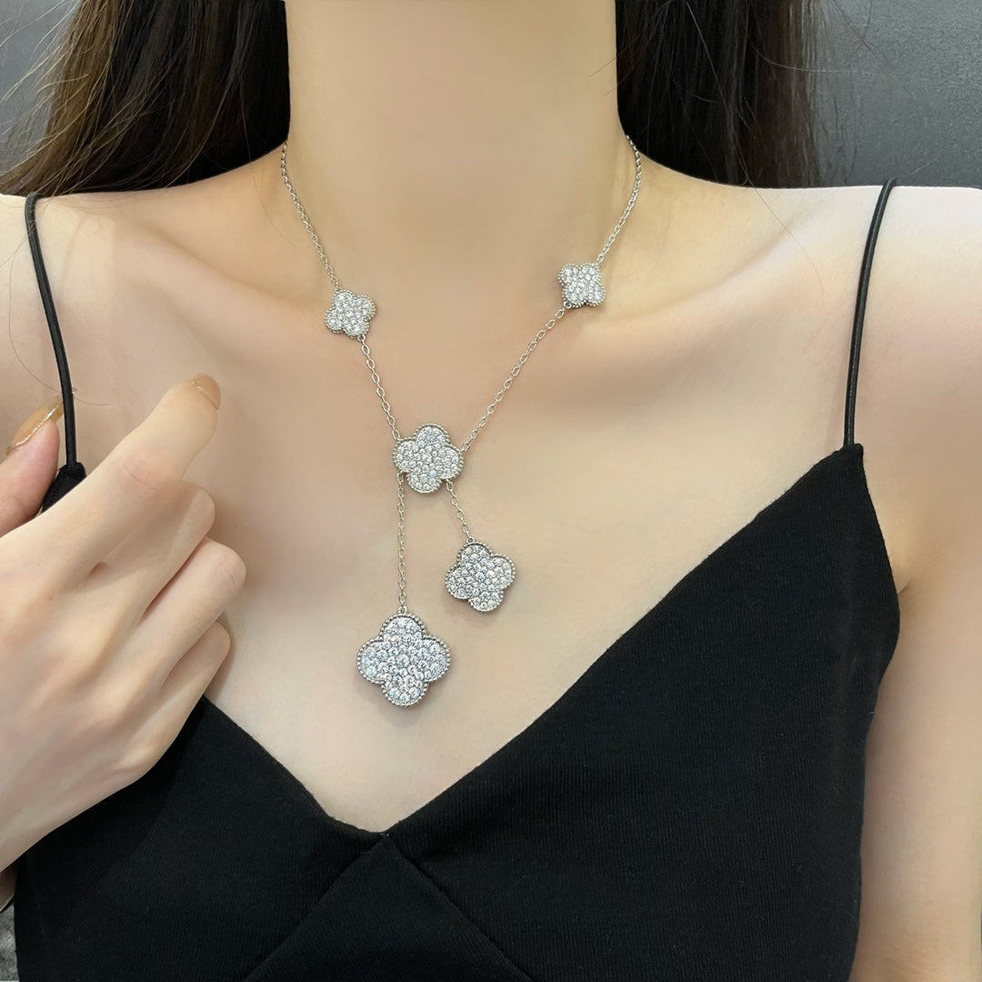 [Solara Jewelry]CLOVER 5 MOTIFS SILVER DIAMONDS NECKLACE