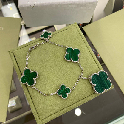 [Solara Jewelry]CLOVER 5 MOTIFS SIVLER MALACHITE BRACELET