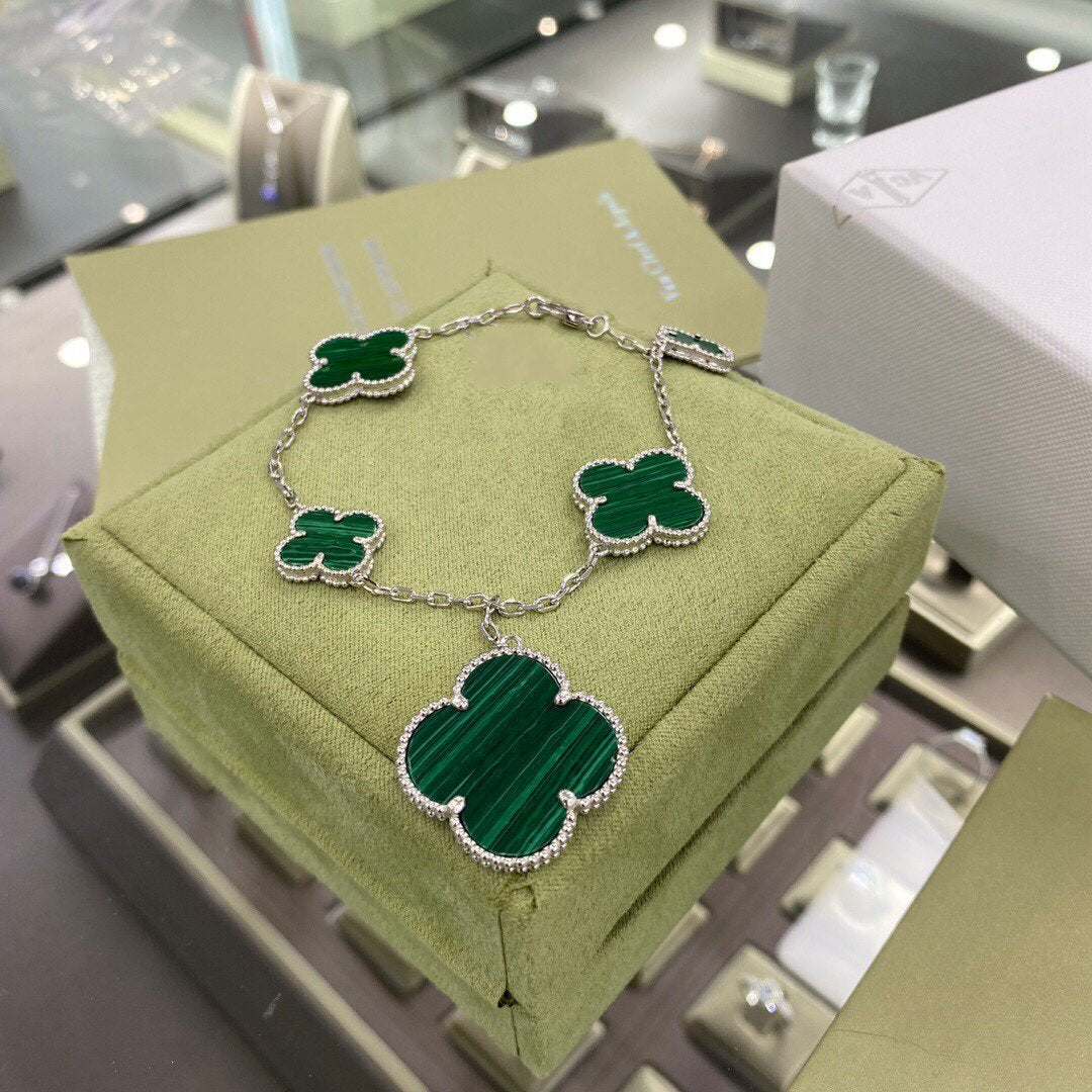 [Solara Jewelry]CLOVER 5 MOTIFS SIVLER MALACHITE BRACELET