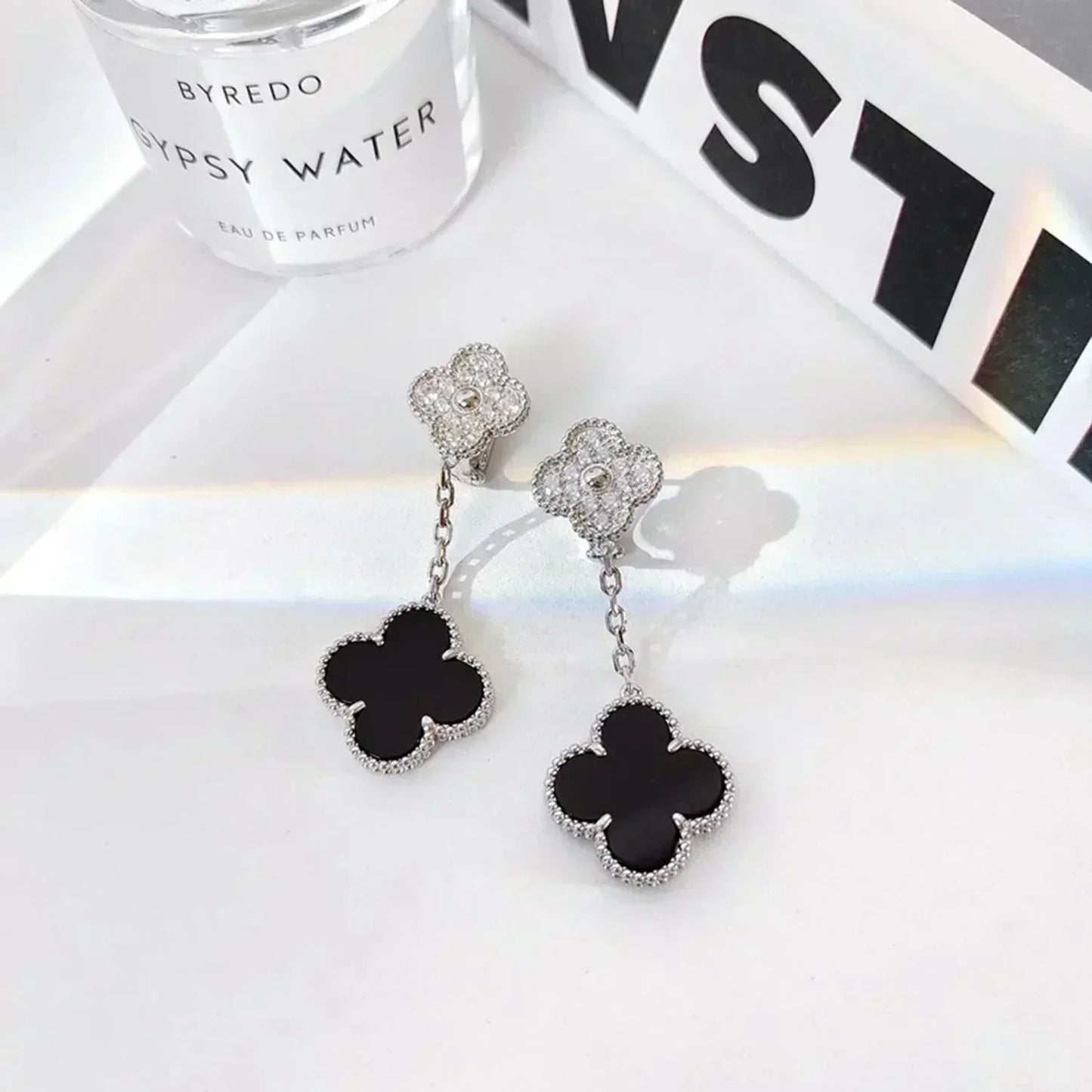[Solara Jewelry]CLOVER 2 MOTIFS  DIAMOND ONYX EARRINGS SILVER