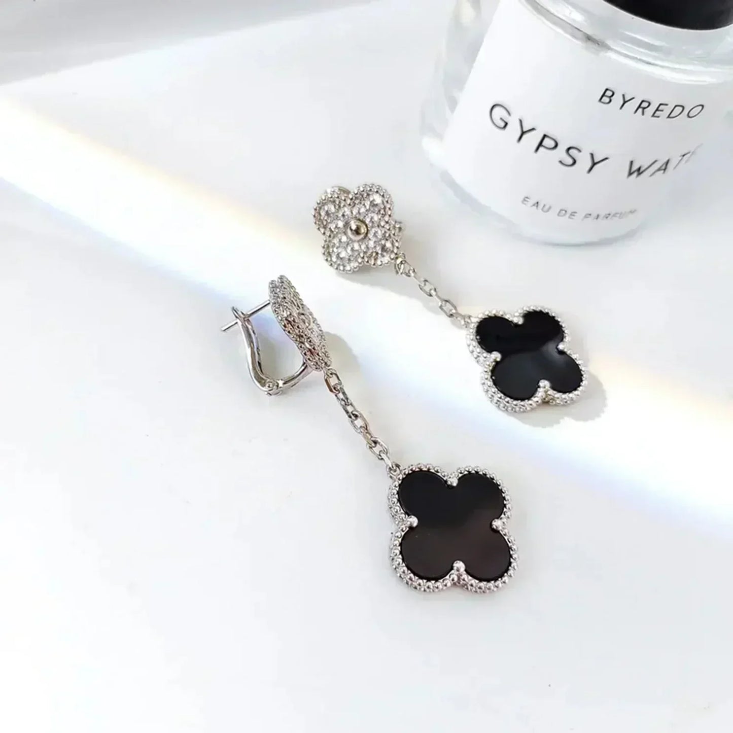 [Solara Jewelry]CLOVER 2 MOTIFS  DIAMOND ONYX EARRINGS SILVER