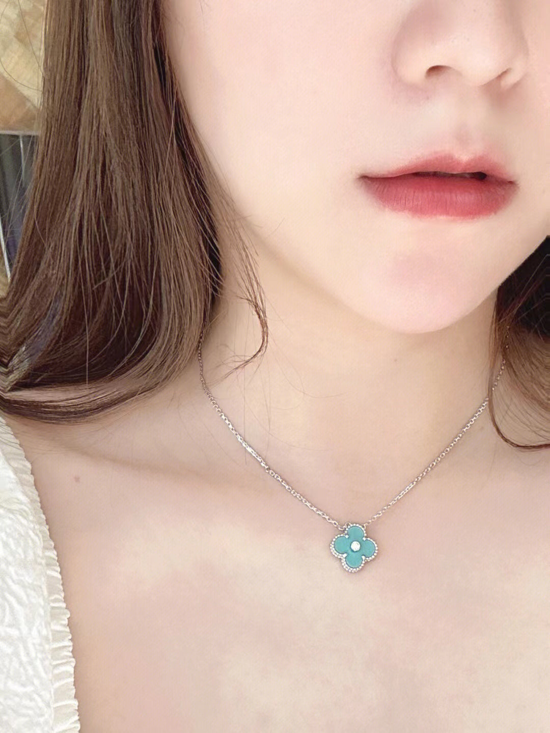 [Solara Jewelry]CLOVER 1 DIAMOND LIGHT BLUE SILVER NECKLACE