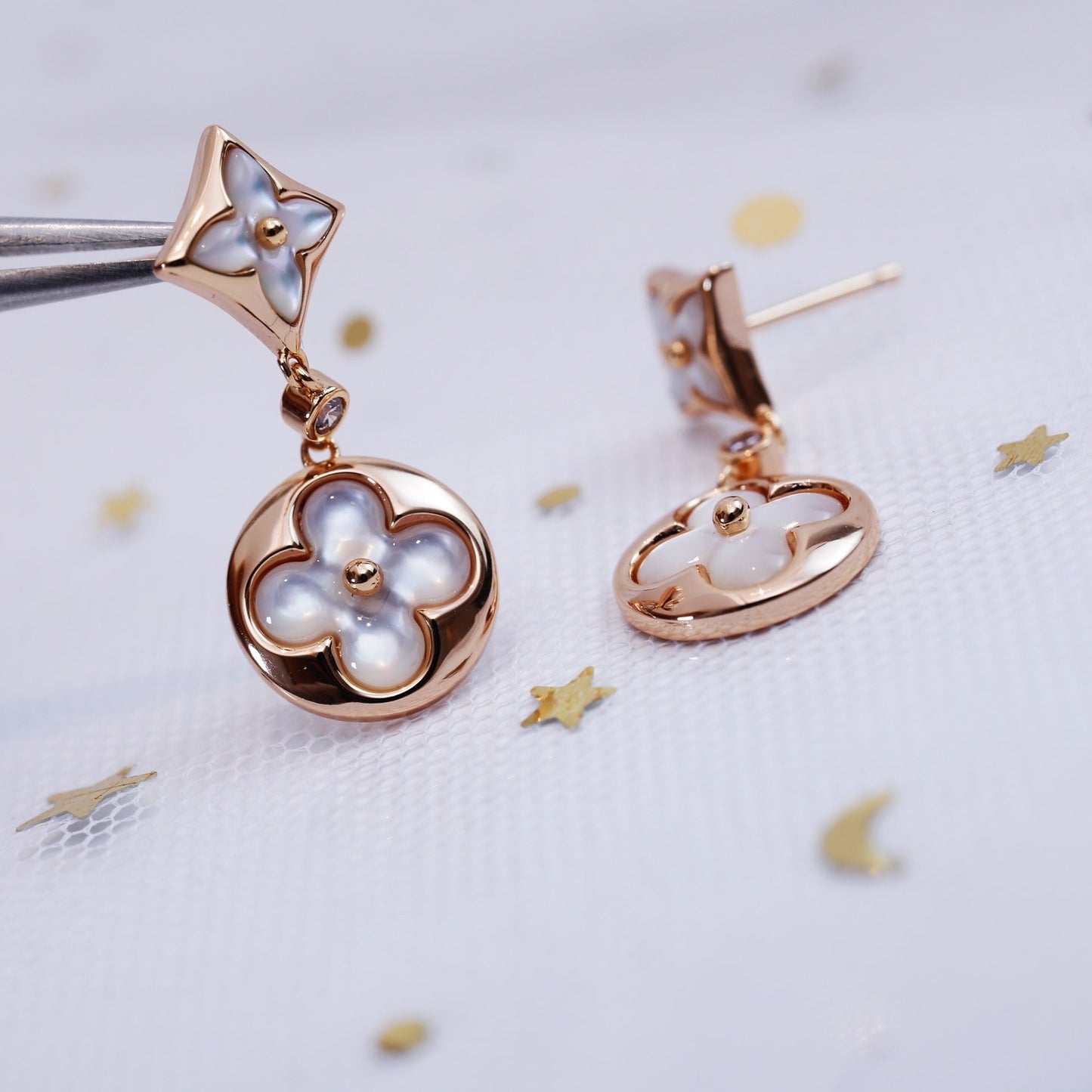 [Solara Jewelry]STAR AND SUN PINK GOLD MOP DROP EARRINGS