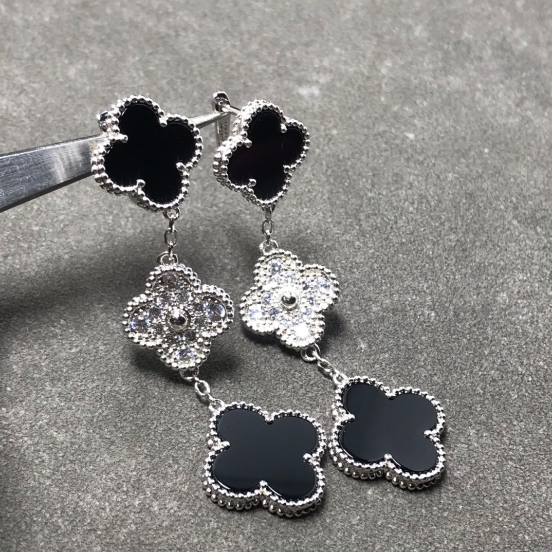 [Solara Jewelry]CLOVER 3 MOTIF DIAMOND ONYX SILVER EARRINGS