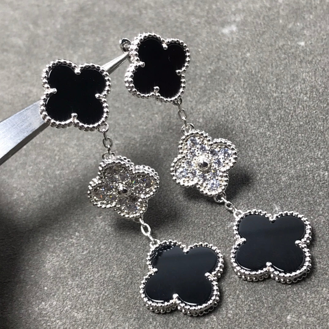 [Solara Jewelry]CLOVER 3 MOTIF DIAMOND ONYX SILVER EARRINGS