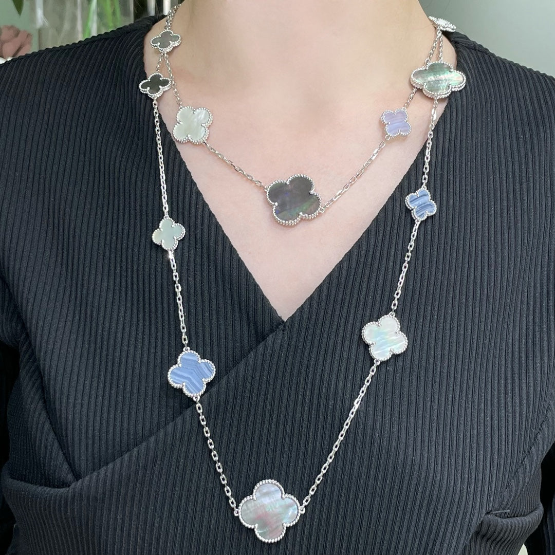 [Solara Jewelry]CLOVER 16 MOTIF CHALCEDONY MOP SILVER NECKLACE
