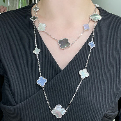[Solara Jewelry]CLOVER 16 MOTIF CHALCEDONY MOP SILVER NECKLACE
