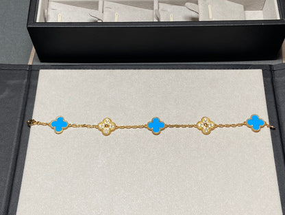 [Solara Jewelry]CLOVER 5 MOTIF BLUE CHALCEDONY DIAMOND GOLD BRACELET