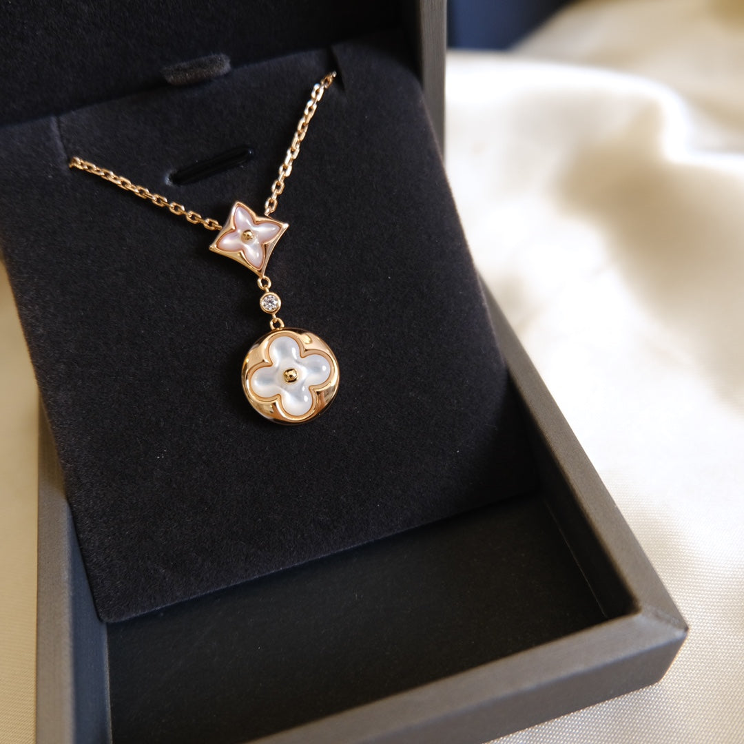 [Solara Jewelry]STAR AND SUN WHITE MOP 2 MOTIF PINK GOLD NECKLACE
