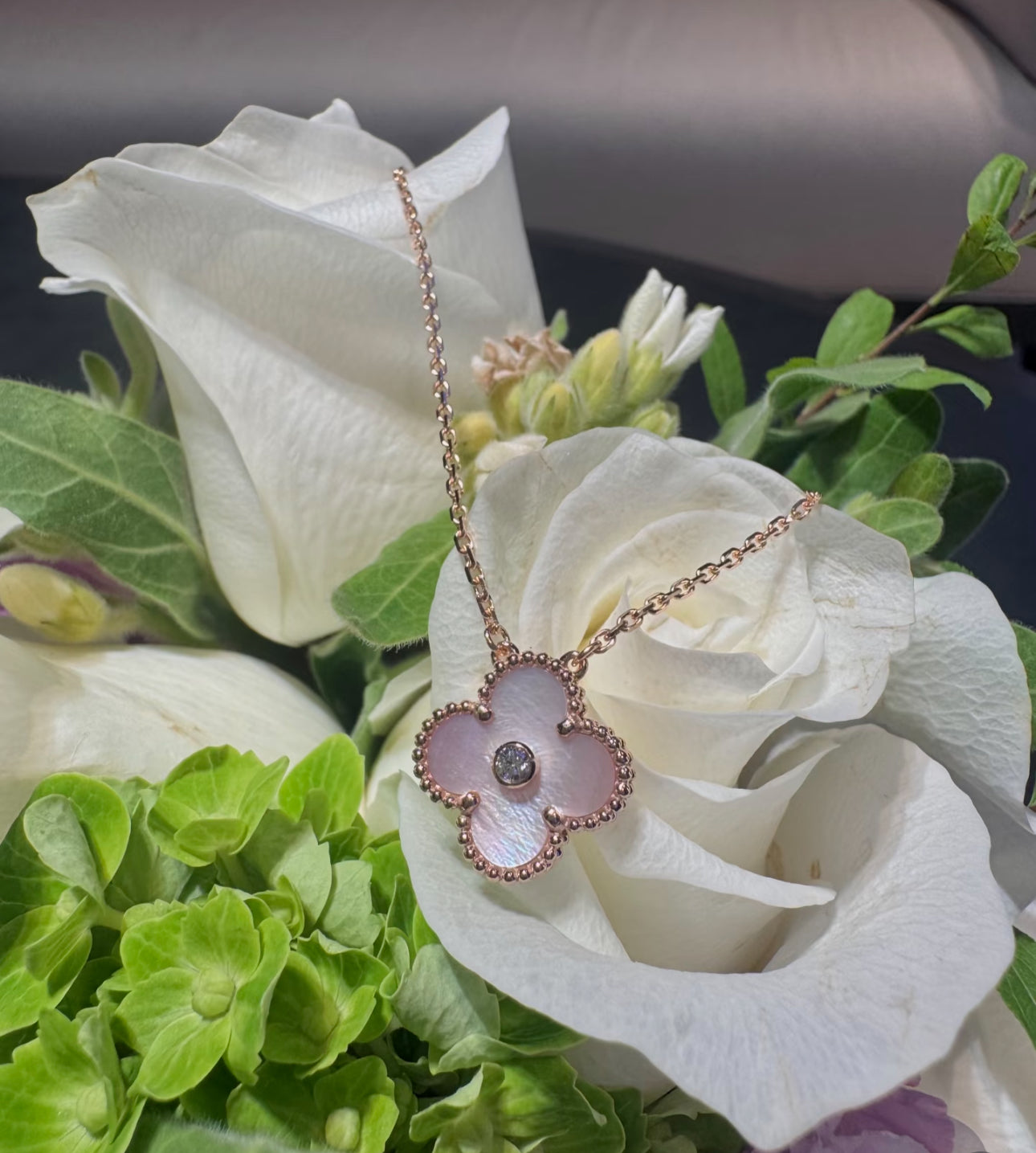 [Solara Jewelry]2025 CHRISTMAS CLOVER 15MM DIAMOND RHODONITE NECKLACE