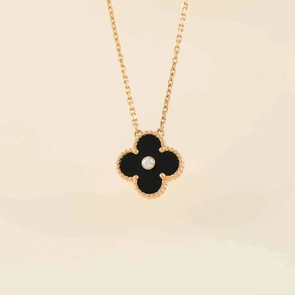 [Solara Jewelry]CLOVER 15MM DIAMOND ONYX NECKLACE