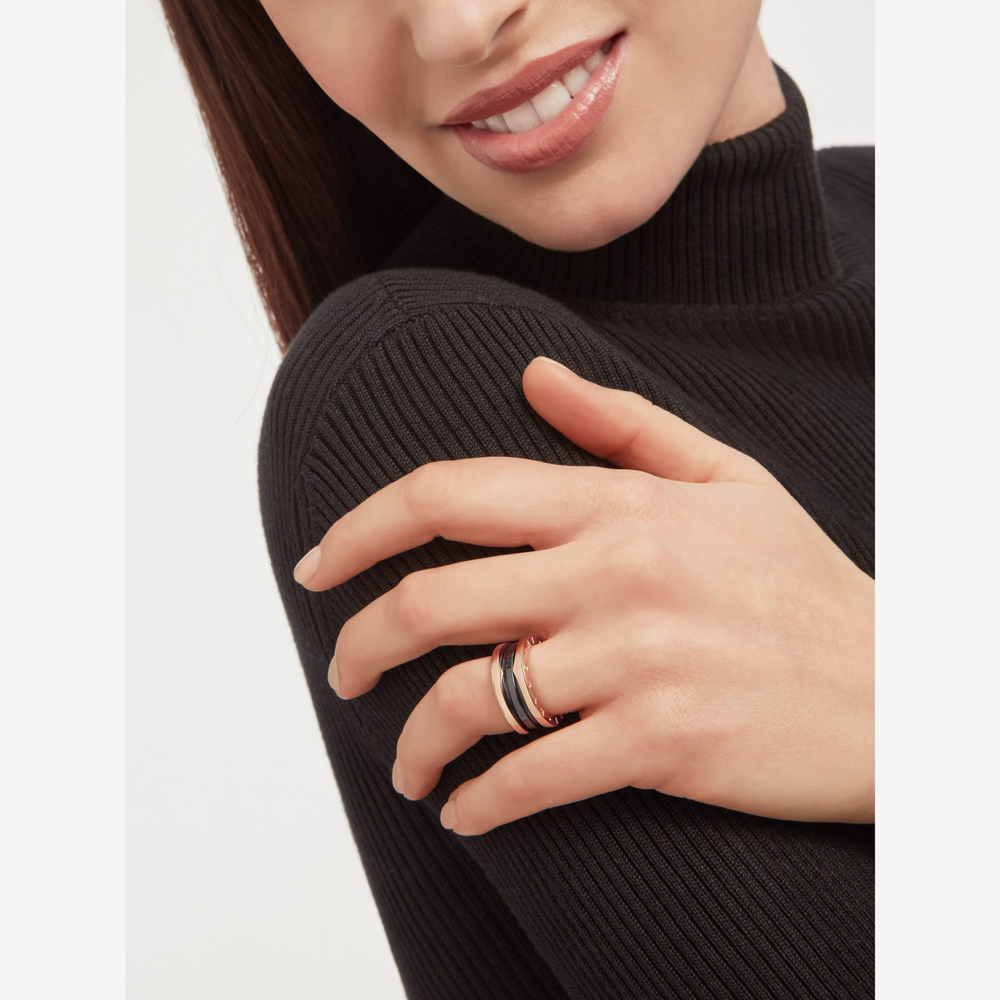 [Solara Jewelry]ZERO 1 TWO-BAND LOOPS AND BLACK CERAMIC PINK GOLD RING