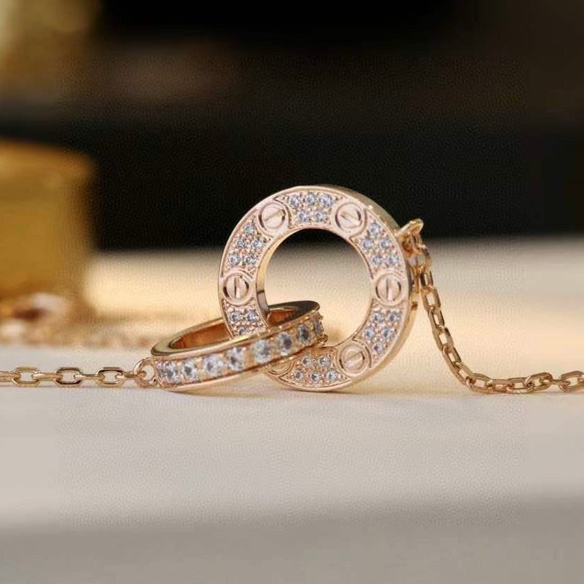 [Solara Jewelry]LOVE 7.6MM NECKLACE ROSE GOLD AND SILVER  FULL DIAMOND