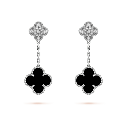 [Solara Jewelry]CLOVER 2 MOTIFS  DIAMOND ONYX EARRINGS SILVER