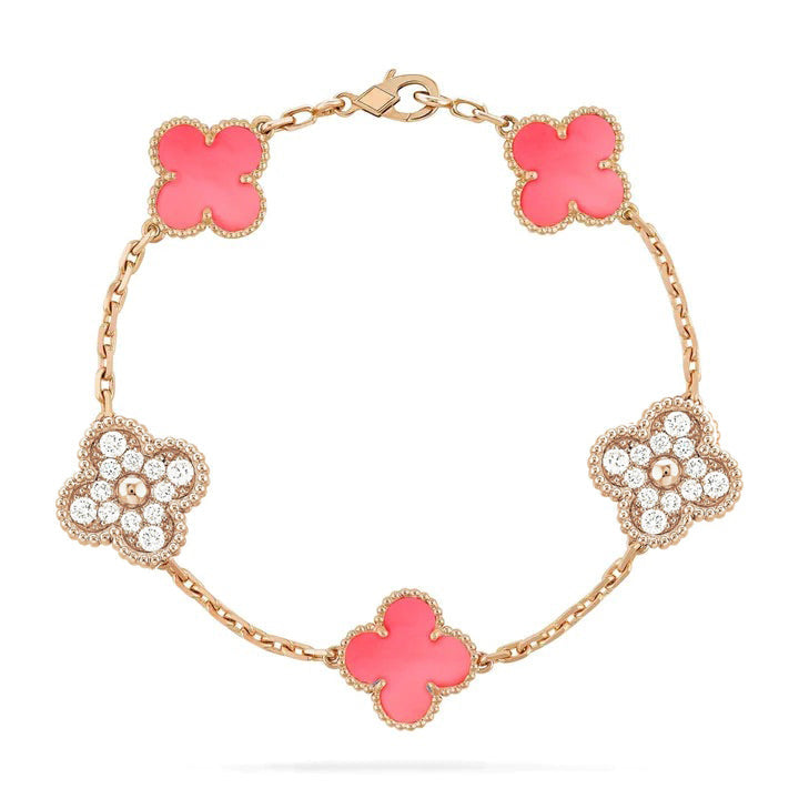 [Solara Jewelry]CLOVER 5 MOTIF DIAMOND PINK MOP PINK GOLD BRACELET