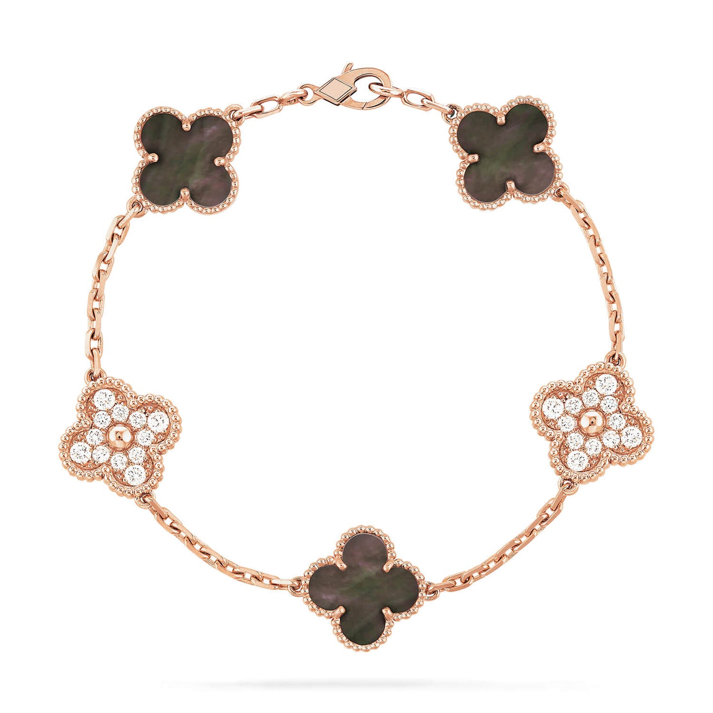 [Solara Jewelry]CLOVER 5 MOTIFS DARK MOP AND DIAMONDS PINK GOLD BRACELET