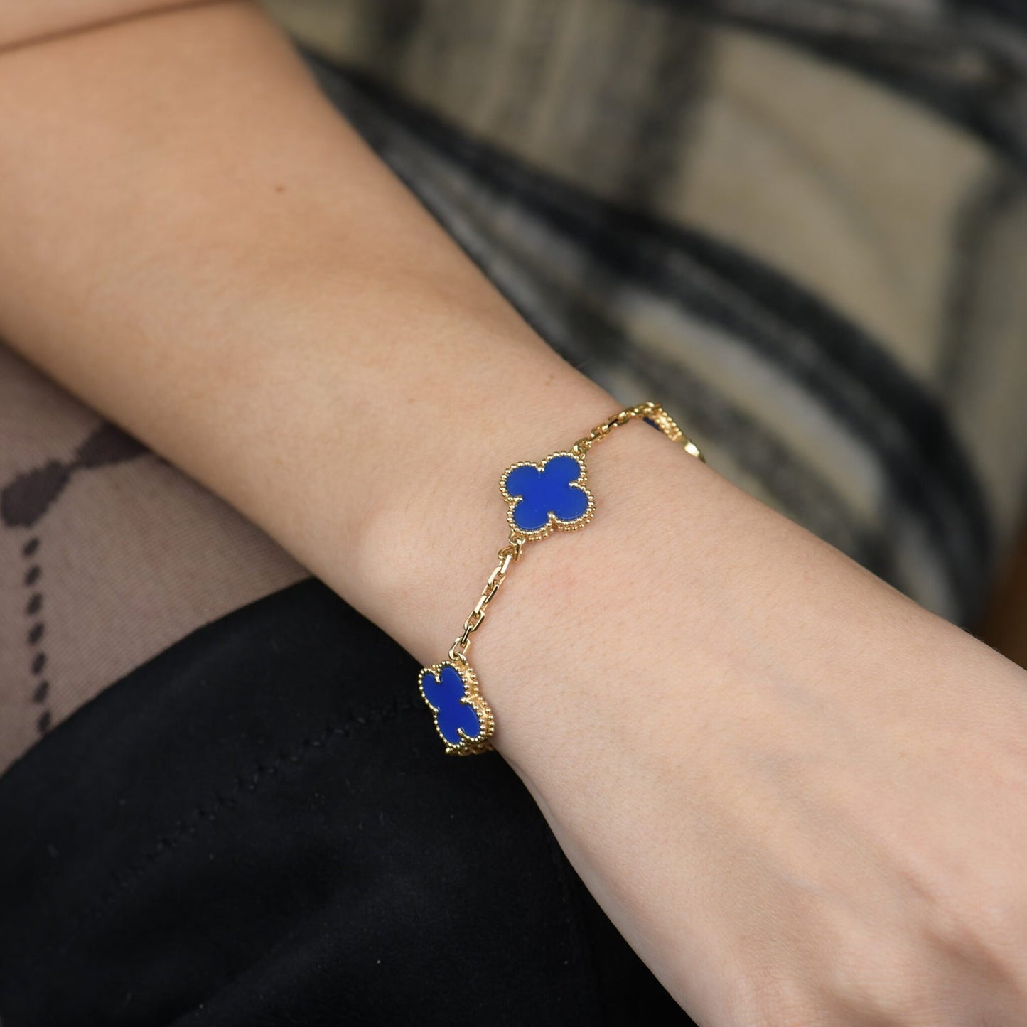 [Solara Jewelry]CLOVER 5 MOTIFS BLUE AGATE BRACELET