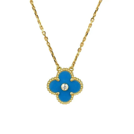 [Solara Jewelry]CLOVER 15MM DIAMOND AND BLUE AGATE NECKLACE