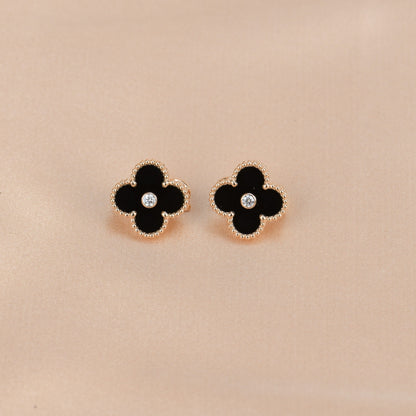 [Solara Jewelry]CLOVER MEDIUM 1 MOTIFS ONYX DIAMOND EARRINGS