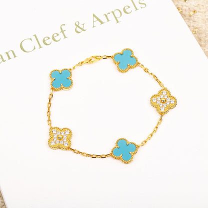 [Solara Jewelry]CLOVER 5 MOTIF TURQUOISE DIAMOND GOLD BRACELET