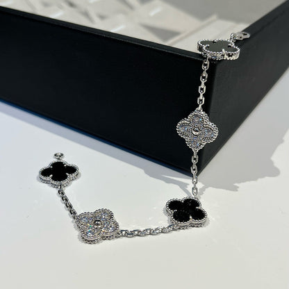 [Solara Jewelry]CLOVER 5 MOTIF ONYXS DIAMOND BRACELET SILVER