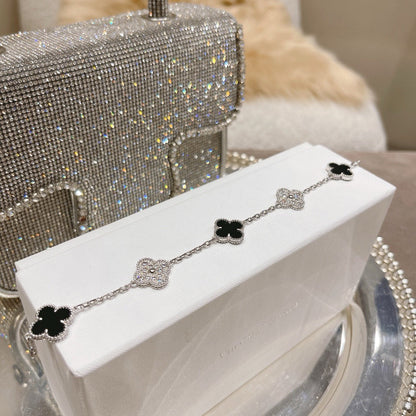 [Solara Jewelry]CLOVER 5 MOTIF ONYXS DIAMOND BRACELET SILVER