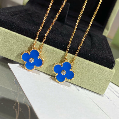 [Solara Jewelry]CLOVER 15MM DIAMOND AND BLUE AGATE NECKLACE