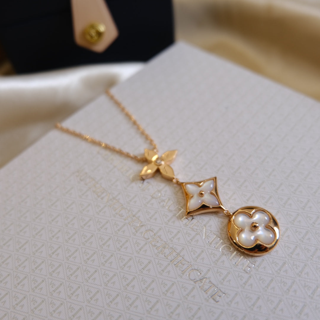 [Solara Jewelry]COLOR BLOSSOM LARIAT NECKLACE PINK GOLD WHITE MOTHER PEARL AND DIAMOND
