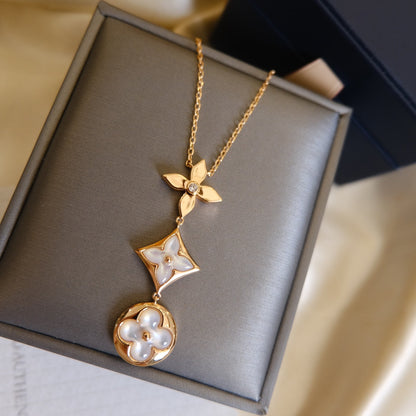 [Solara Jewelry]COLOR BLOSSOM LARIAT NECKLACE PINK GOLD WHITE MOTHER PEARL AND DIAMOND
