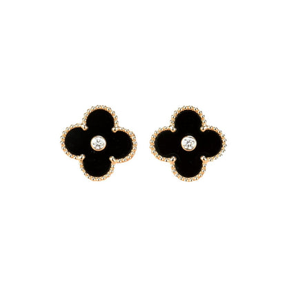 [Solara Jewelry]CLOVER MEDIUM 1 MOTIFS ONYX DIAMOND EARRINGS