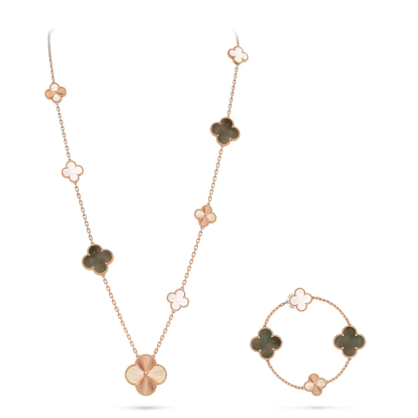 [Solara Jewelry]DETACHABLE CLOVER 15(11+4) FLOWER ROSE GOLD NECKLACE SET