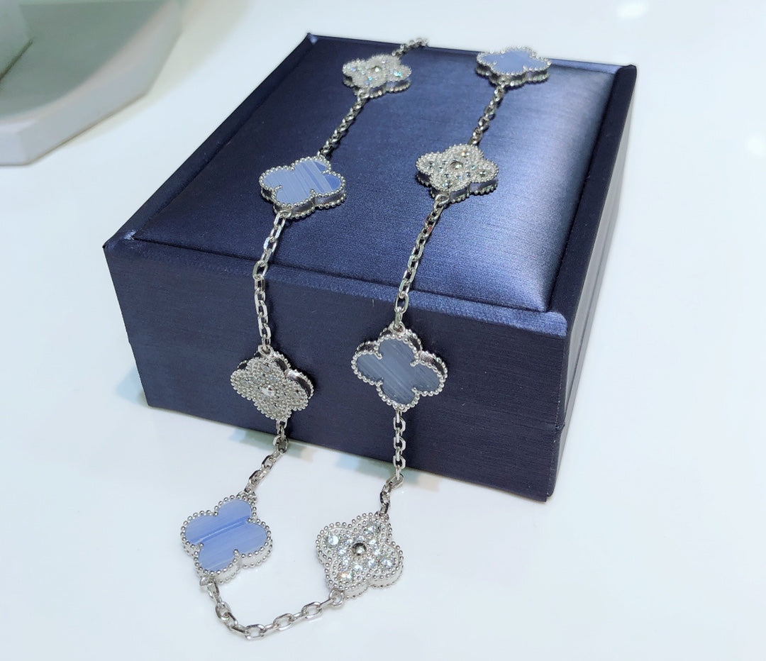 [Solara Jewelry]CLOVER 10 MOTIFS CHALCEDONY DIAMONDS SILVER NECKLACE