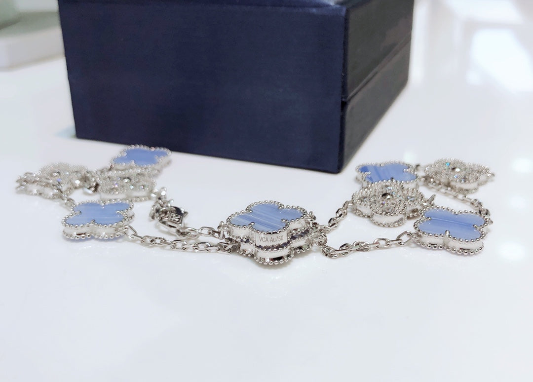 [Solara Jewelry]CLOVER 10 MOTIFS CHALCEDONY DIAMONDS SILVER NECKLACE