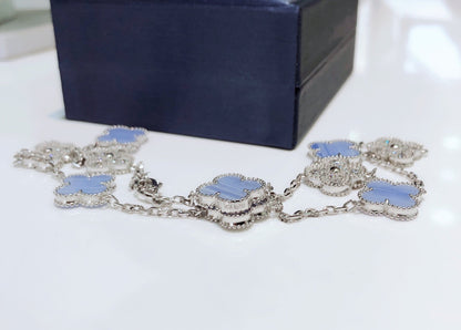 [Solara Jewelry]CLOVER 10 MOTIFS CHALCEDONY DIAMONDS SILVER NECKLACE